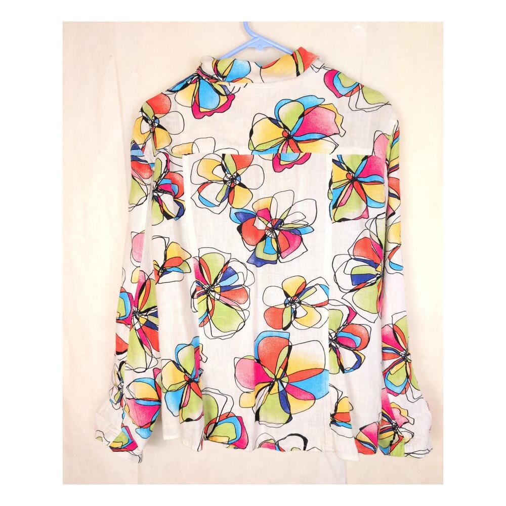 Chicos white floral linen button up top Size 3/ XL Retro Lagenlook Boho Coastal - Picture 2 of 5